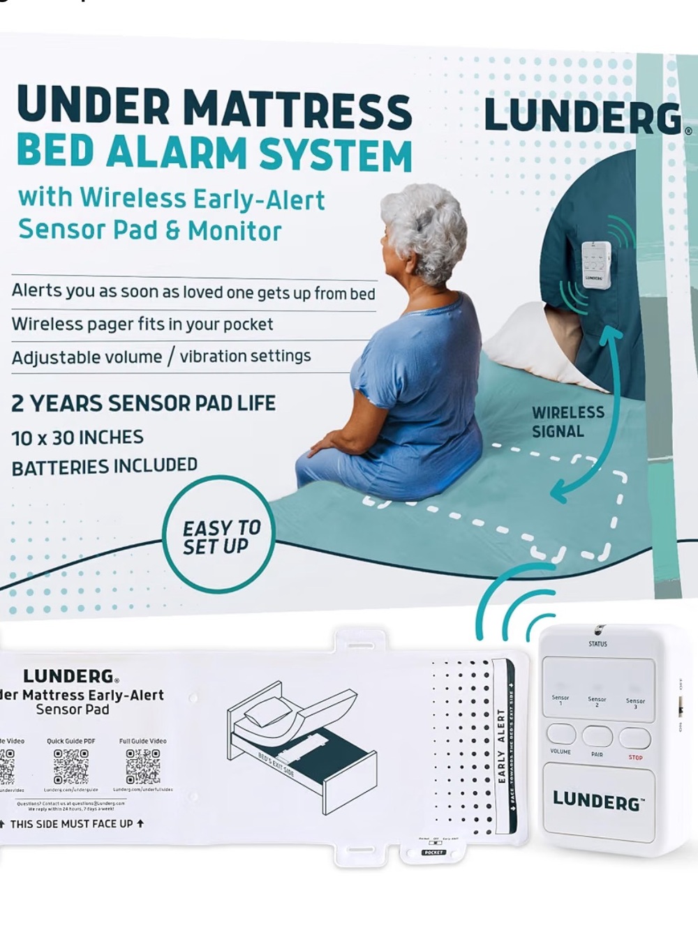 Lunderg Elderly Under Mattress Bed Alarm — Sensor Pad & Monitor